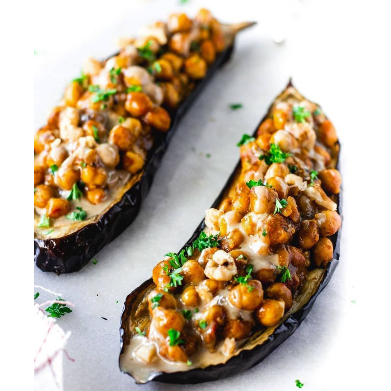 Cauliflower and Chick pea Stuffed Eggplant with tumeric Tahini  Main Image